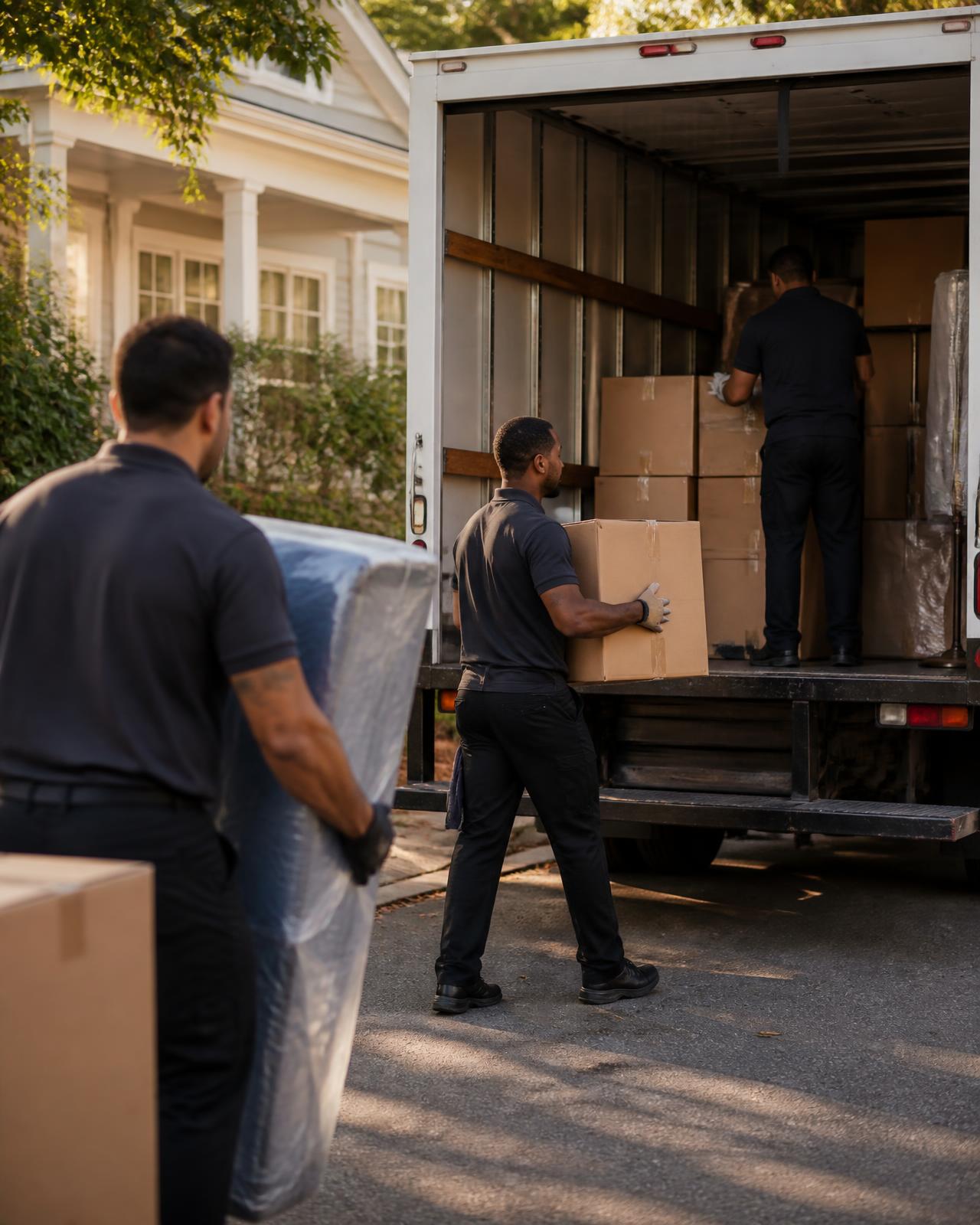 A moving crew loading packed household boxes and wrapped furniture into a box truck outside a home